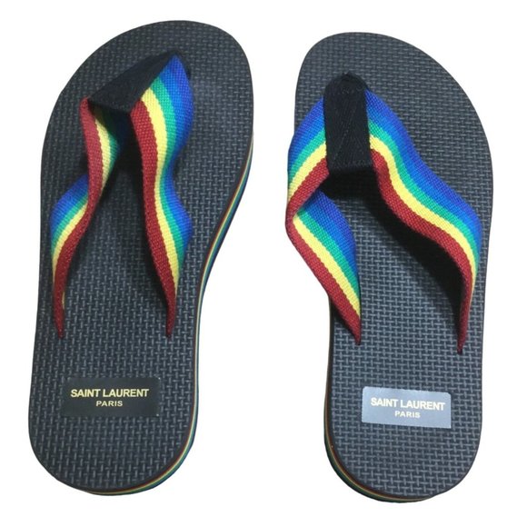 Saint Laurent Flip Flops size EU 38 Rainbow Black Italy Thongs USA 7 Sandals - Picture 1 of 5
